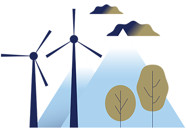 Illustration of mountains, turbines, and trees
