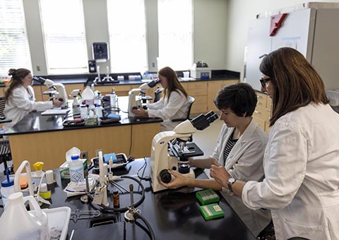 Students and professor working in biology lab