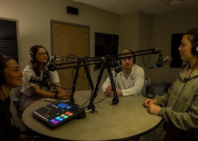 Students doing a podcast in studio
