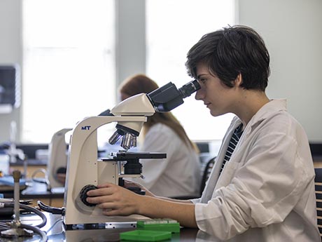 Student looking into microscope