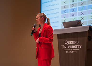 Student presenting her pitch to audience