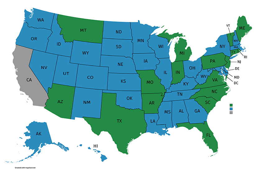 Map of US color coded