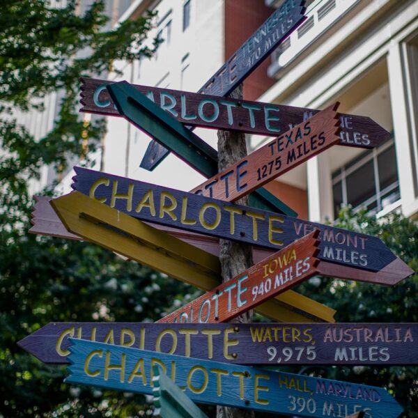 Distance sign from Charlotte to other cities