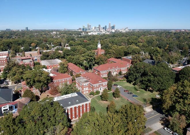 Aerial view of campus and Uptown