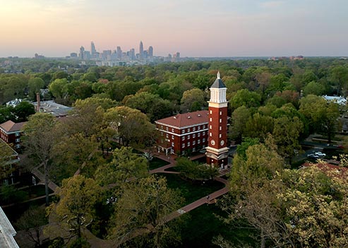Aerial view of Queens campus and Charlotte skyline
