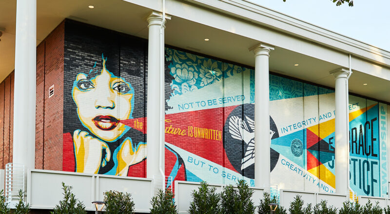Shepard Fairey mural on the side of the Gambrell Center