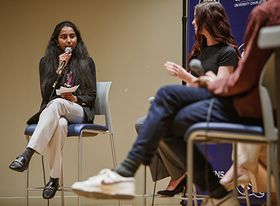 Sana Konar asking question during student panel