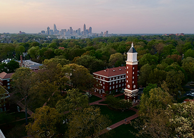 Aerial view of Queens campus and Charlotte skyline